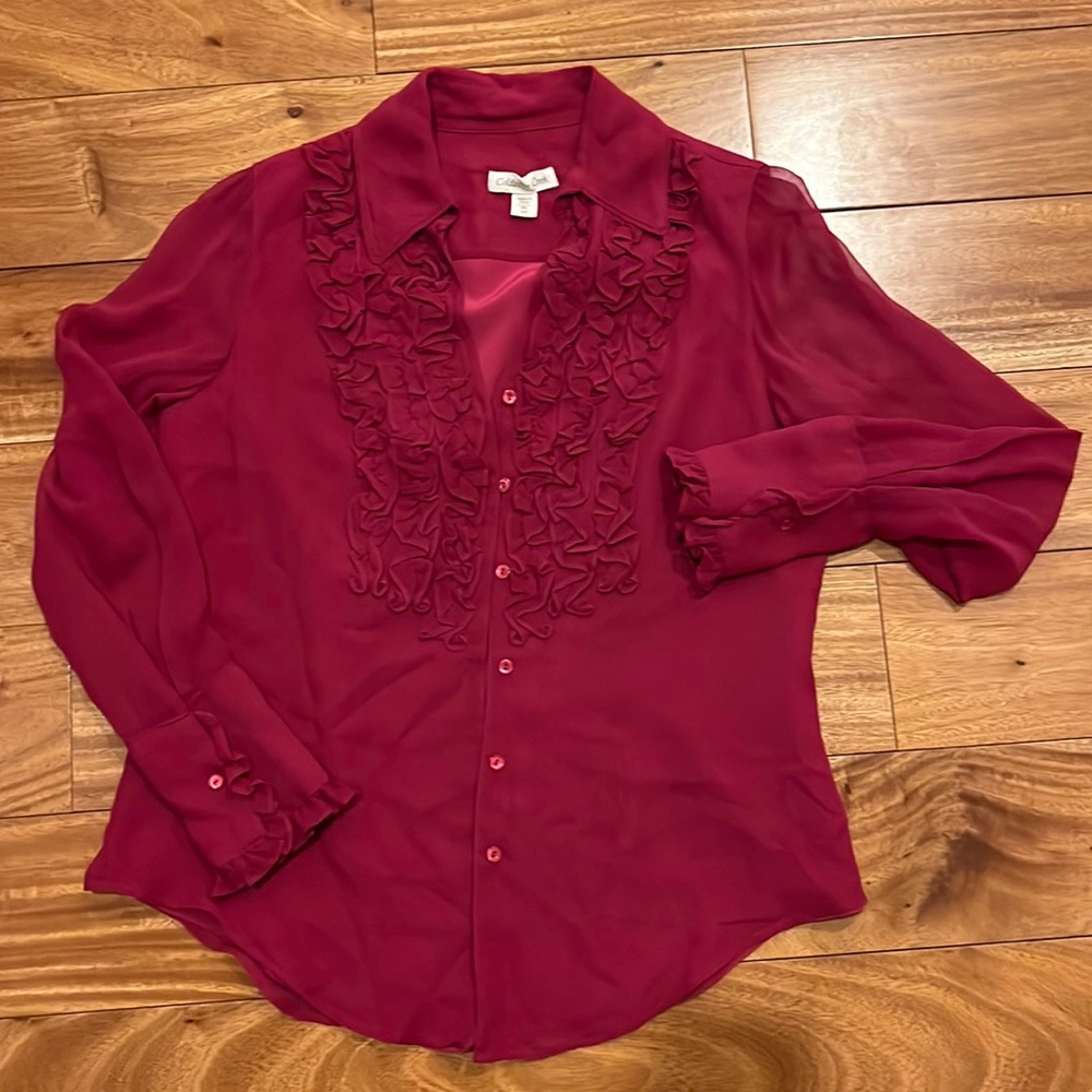 Coldwater Creek blouse with ruffle placket and sleeves. Size Petite small.
